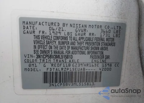 2021 Nissan Kicks S Xtronic Cvt из США, поврежденный, VIN 3N1CP5BV3ML515813